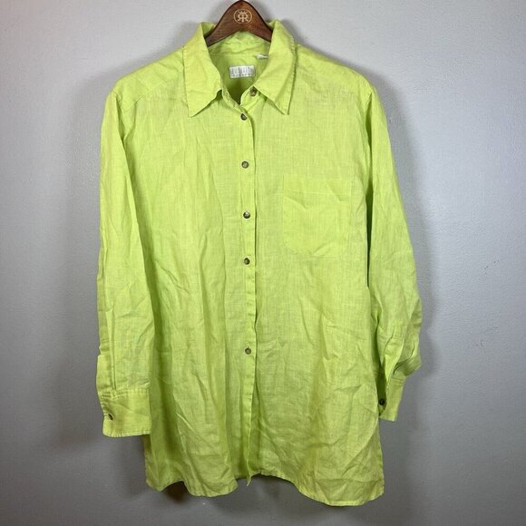 Elisabeth Women's Size 16 Button Up Shirt 100% Linen Long Sleeves Lime Green - Picture 1 of 9